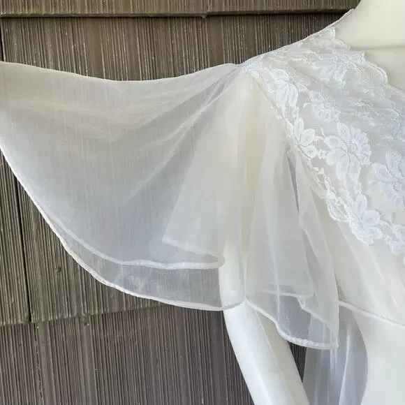 Vintage Val Mode Fairy Sheer Nylon Short flutter Sleeve Lace White Maxi Robe S-M - Picture 7 of 16